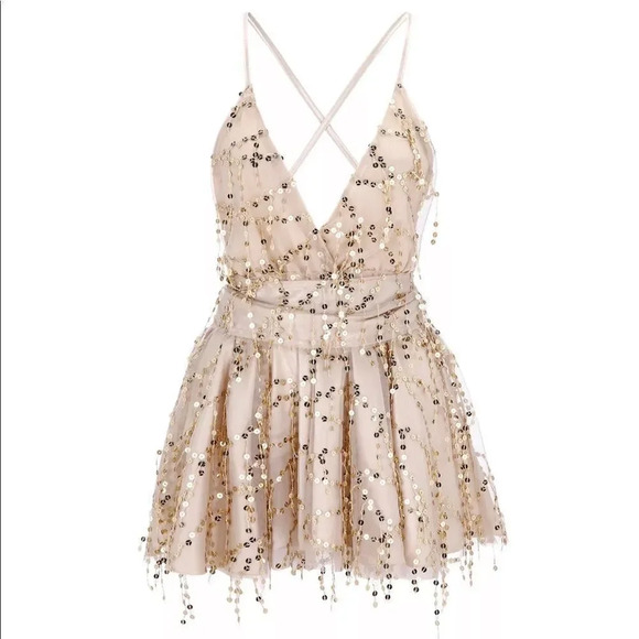 NEW! Gold Sequin Chiffon Lace Overlay Strappy V-Neck Evening Dress - Picture 5 of 10